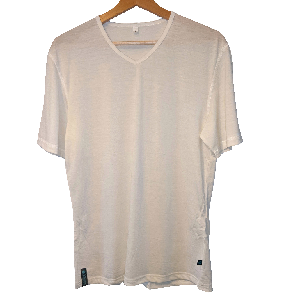 Soft White V Neck Merino Wool Short Sleeved Mens Top